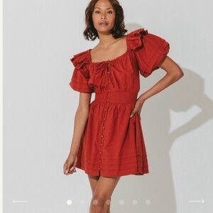 Cleobella Tana Mini Dress Bubble Sleeve Brick Red Cotton Linen XS